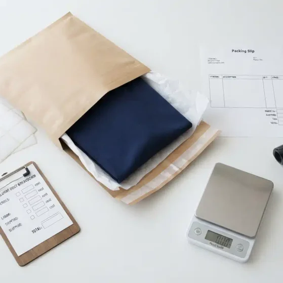 Overhead flat-lay of fulfillment order components including a shipping mailer, packing slip, barcode scanner, and postal scale, representing the cost breakdown of third-party 3PL fulfillment services in Canada.