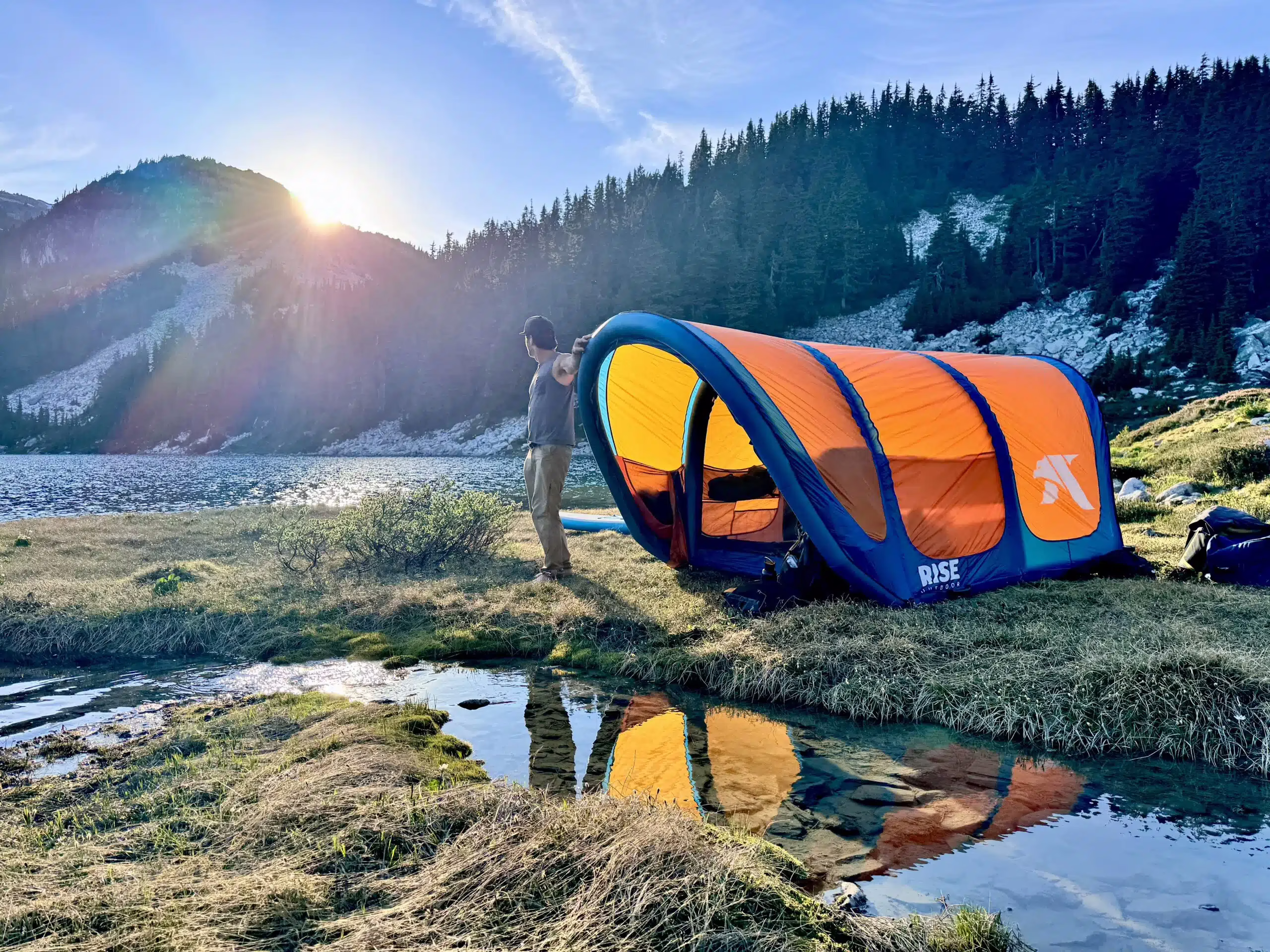 An inflatable tent, the RISE AirNEST, in forest.