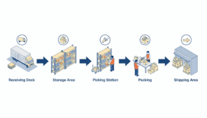 Illustrated infographic showing the complete e-commerce order fulfillment process from receiving to shipping
