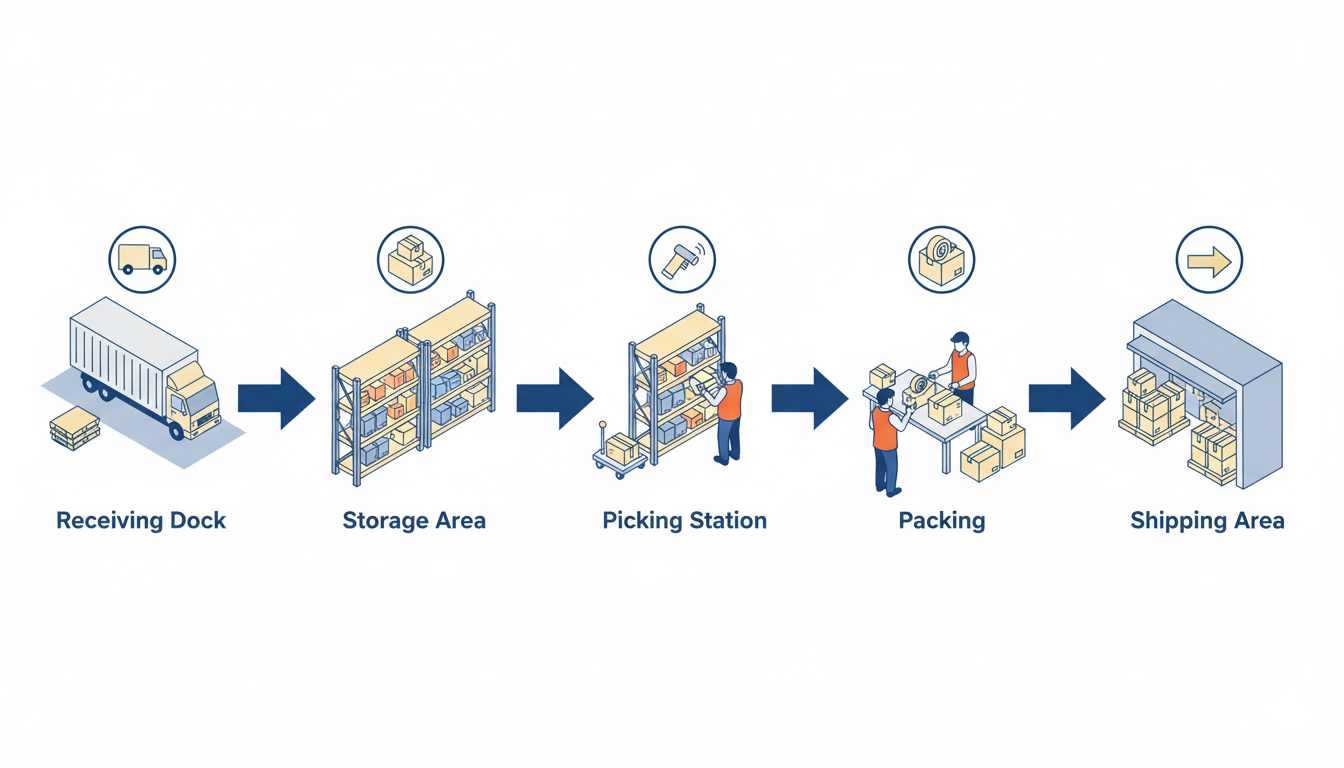 Illustrated infographic showing the complete e-commerce order fulfillment process from receiving to shipping