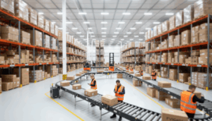 Modern fulfillment center warehouse with organized inventory and workers processing orders