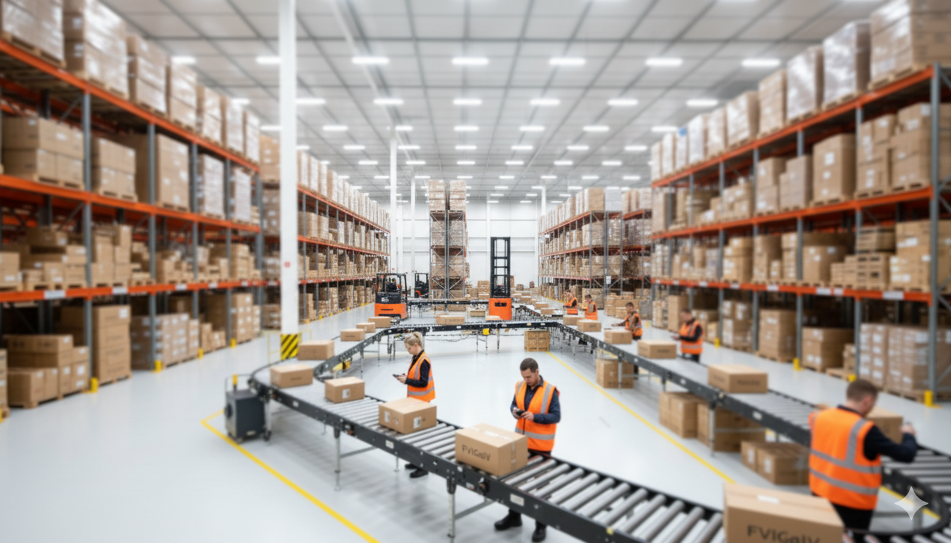 Modern fulfillment center warehouse with organized inventory and workers processing orders