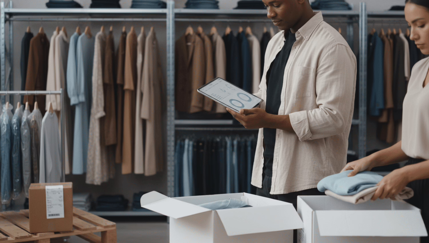 Apparel 3PL team packing folded clothing orders in a modern warehouse for growing fashion and clothing brands.