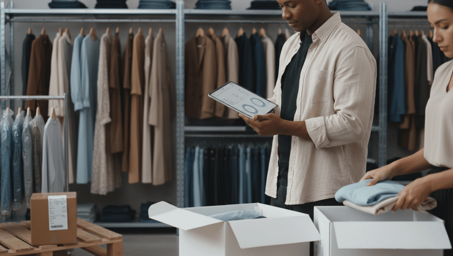 Apparel 3PL team packing folded clothing orders in a modern warehouse for growing fashion and clothing brands.