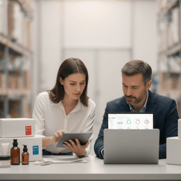 E-commerce brand owner and logistics partner reviewing fulfillment performance at a packing table in a modern warehouse.