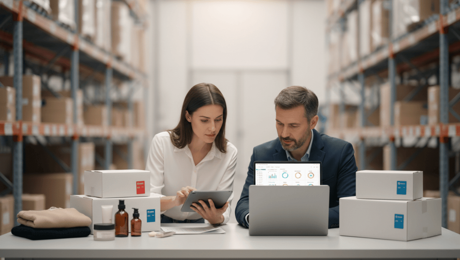 E-commerce brand owner and logistics partner reviewing fulfillment performance at a packing table in a modern warehouse.