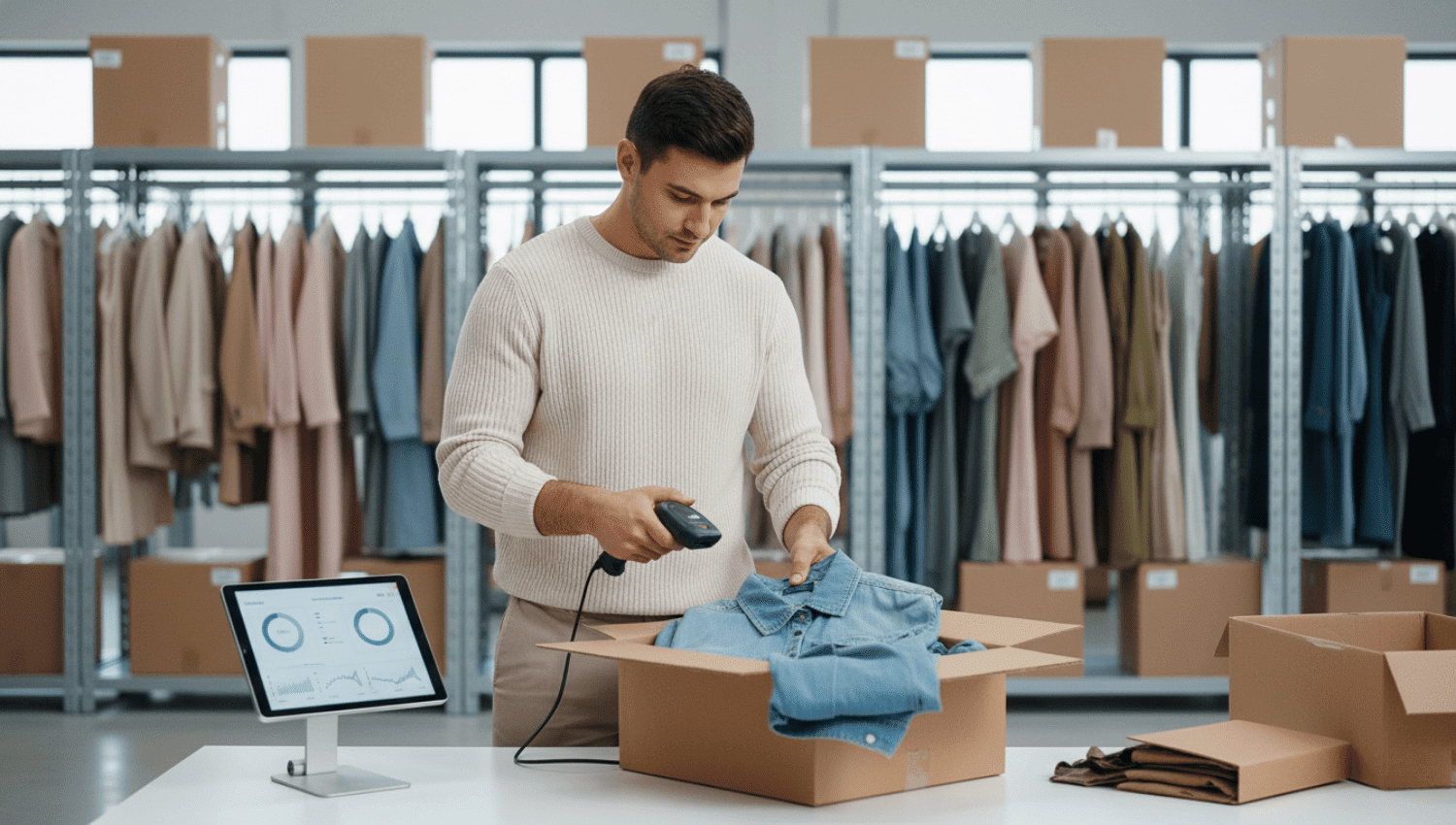 Hero image of a modern apparel logistics warehouse with racks of garments, cartons, and a worker scanning fashion inventory at a packing station.