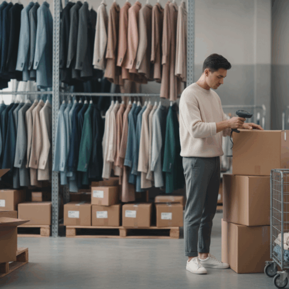 Logistics associate scanning apparel cartons in a modern fashion warehouse with hanging garments, shipping boxes, and a tech-enabled dashboard in the background.