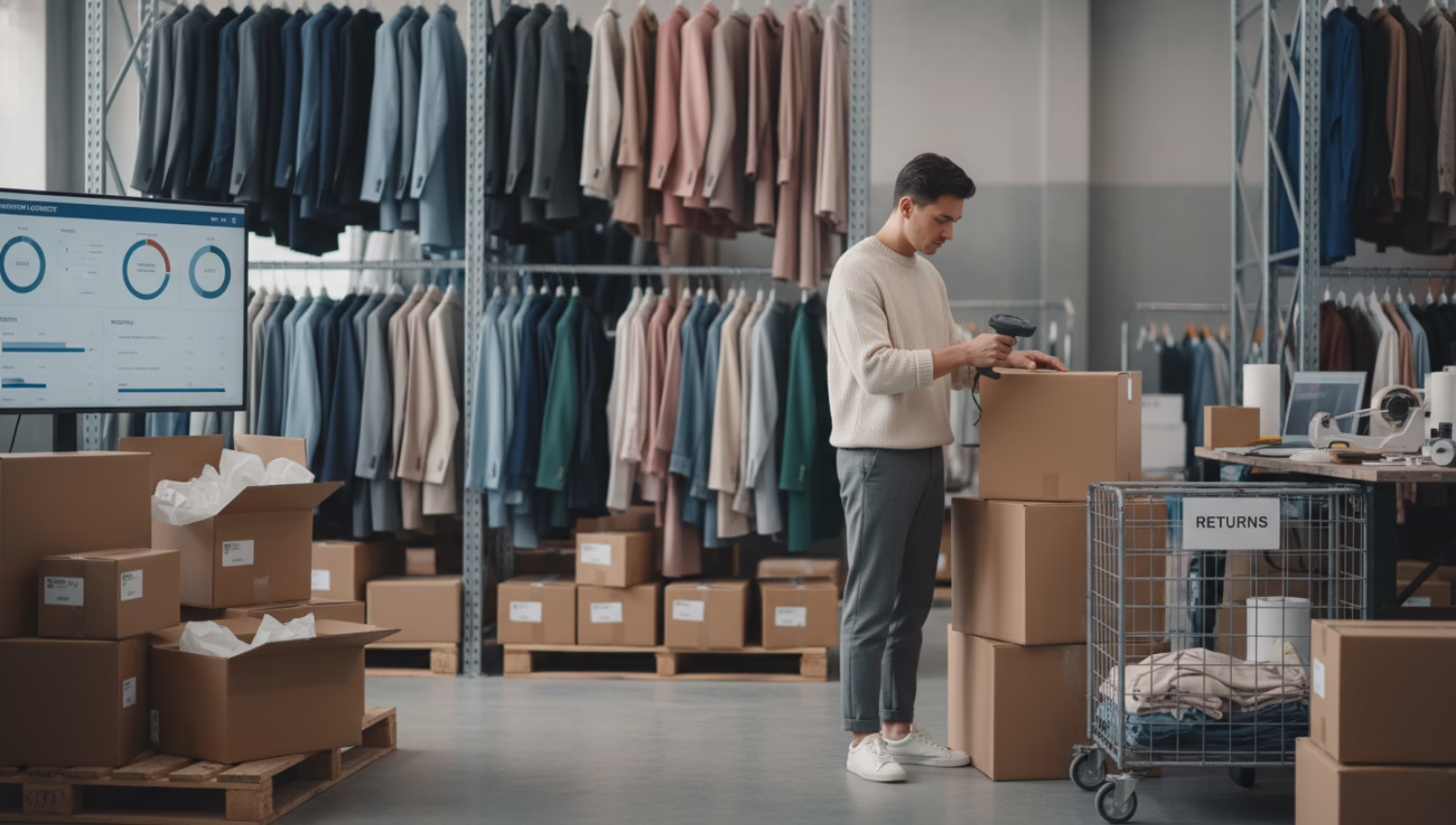 Logistics associate scanning apparel cartons in a modern fashion warehouse with hanging garments, shipping boxes, and a tech-enabled dashboard in the background.