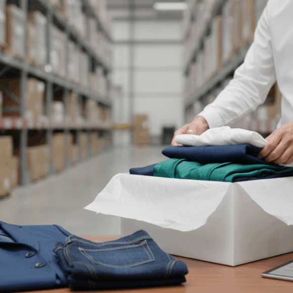 Warehouse associate in a modern fulfillment center carefully packing neatly folded blazers, dresses, and denim into a tissue-wrapped, logo-free shipping box with an RF scanner and tablet on the packing table.