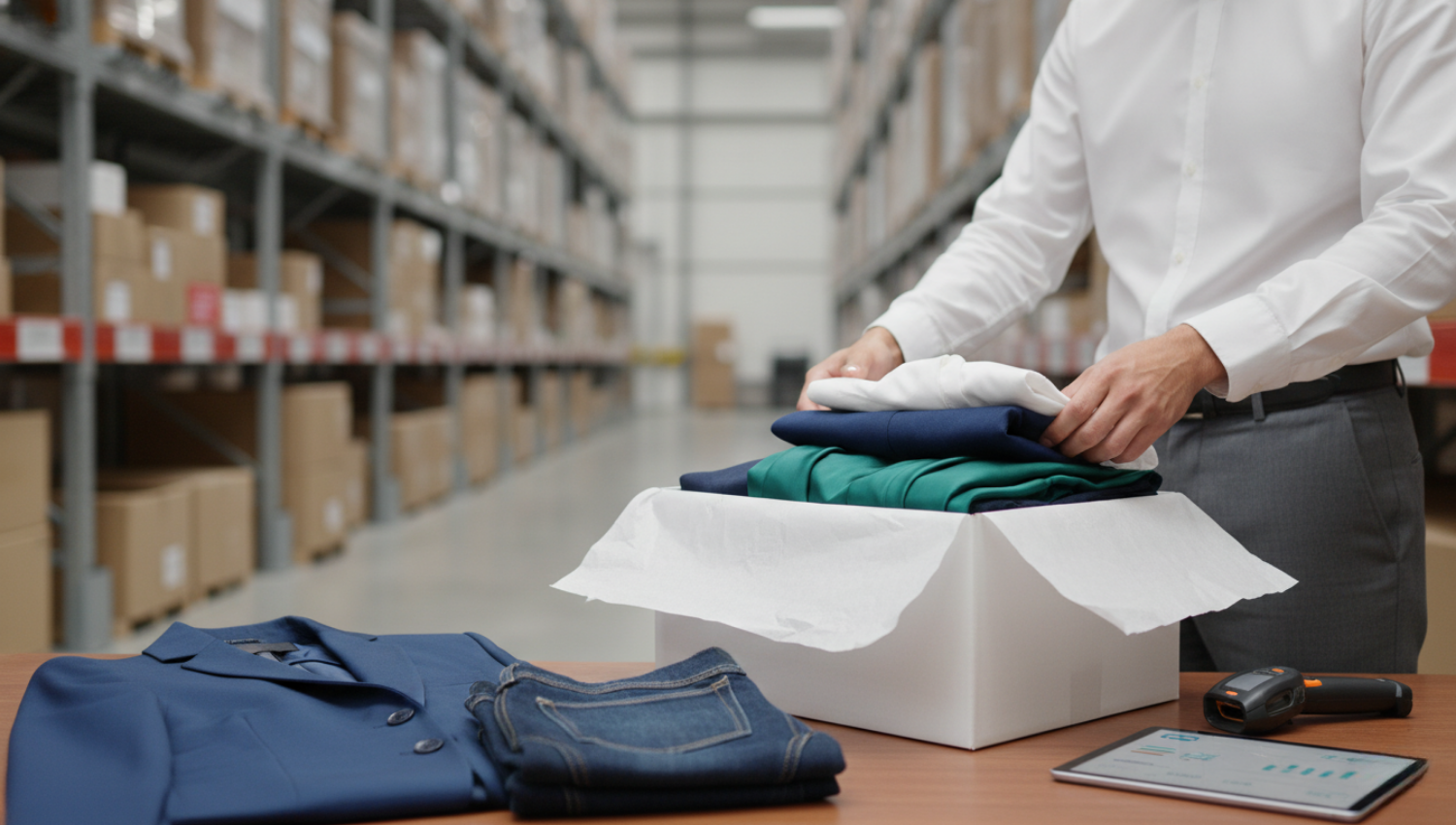 Warehouse associate in a modern fulfillment center carefully packing neatly folded blazers, dresses, and denim into a tissue-wrapped, logo-free shipping box with an RF scanner and tablet on the packing table.