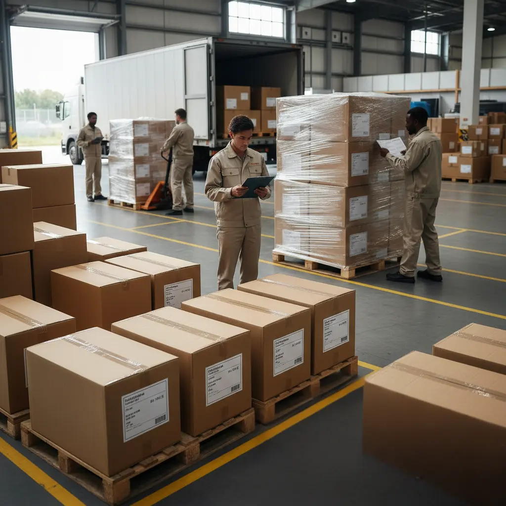 Apparel shipments staged with export documentation in a warehouse cross-border shipping area.