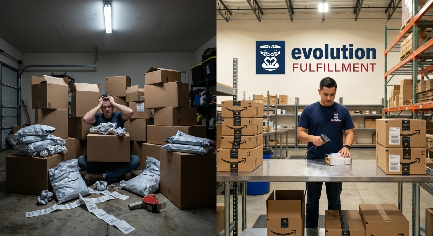 Split image comparing chaotic home garage Amazon prep station with disorganized boxes and scattered labels to professional Evolution Fulfillment prep station with organized workflow and proper equipment