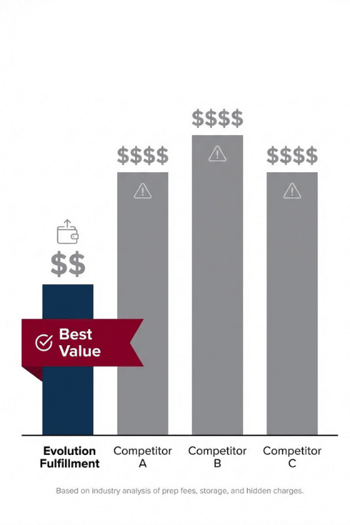Evolution Fulfillment Amazon FBA pricing comparison showing transparent rates versus competitor hidden fees and surcharges for growing ecommerce brands