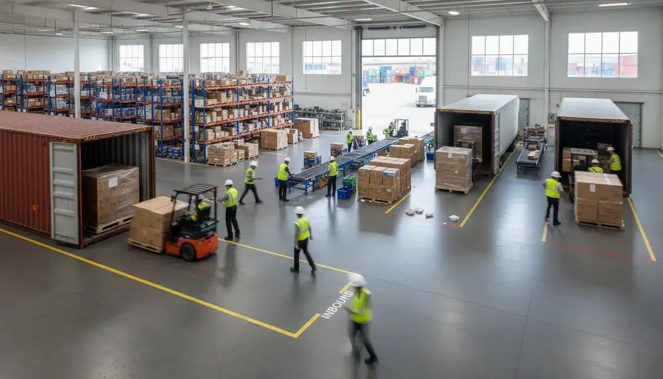 Cross-docking logistics facility moving pallets directly from inbound to outbound trucks