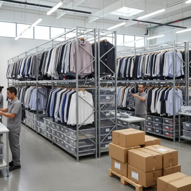 Modern apparel fulfillment center with garment-on-hanger systems, flat-pack storage, and staff preparing fashion orders for shipment.