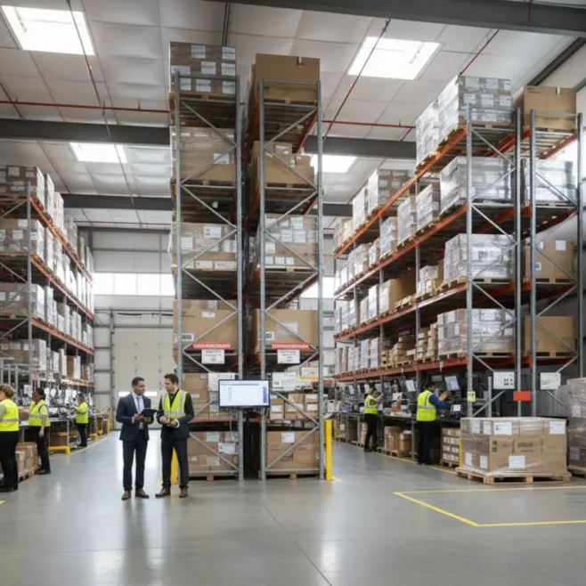 Modern Canadian 3PL warehouse with organized inventory and staff preparing multi-channel shipments for domestic and cross-border delivery.