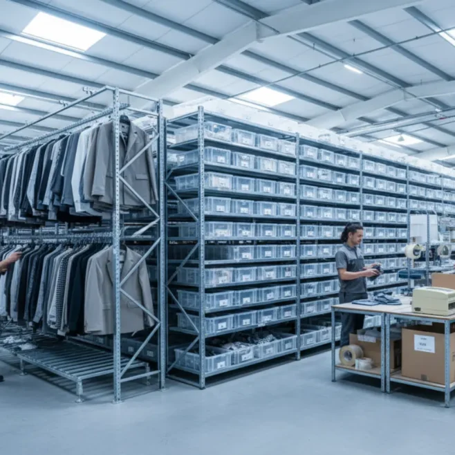 Apparel 3PL warehouse with garment-on-hanger systems and staff scanning clothing inventory during a facility evaluation.