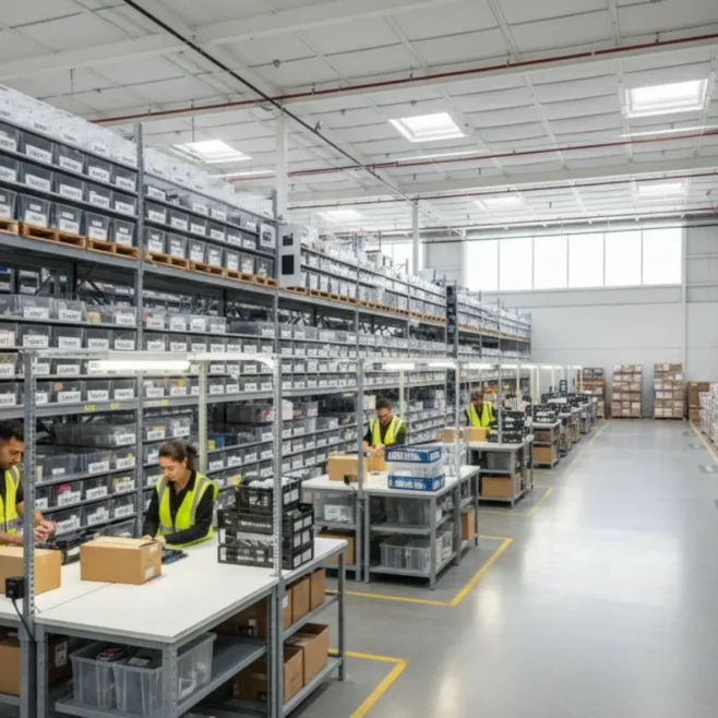 Canadian ecommerce fulfillment center with staff packing online orders and staging shipments for domestic and cross-border delivery.