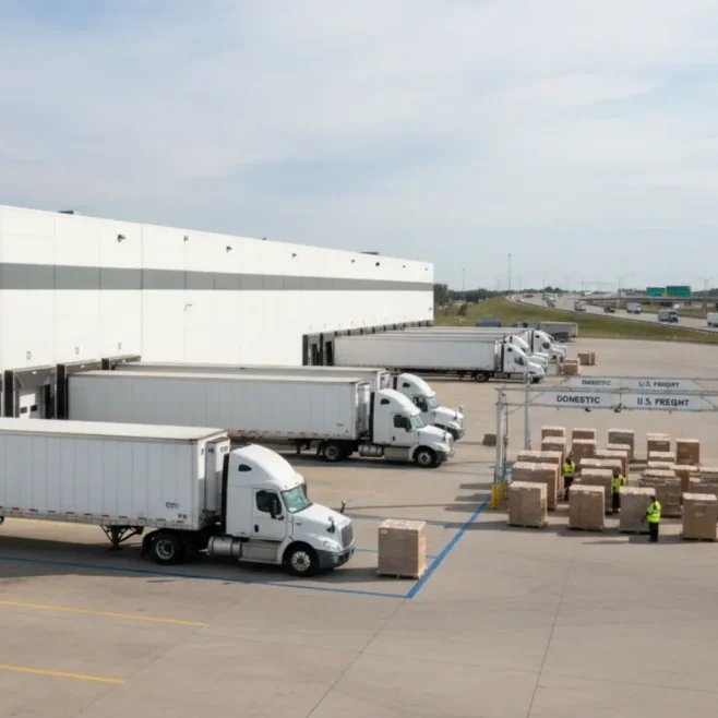 Outbound parcels staged at a Canadian fulfillment center preparing for cross-border shipment to the United States.