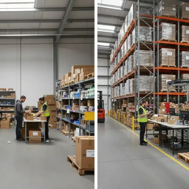 Side-by-side comparison of small in-house warehouse fulfillment and large-scale 3PL logistics operation.