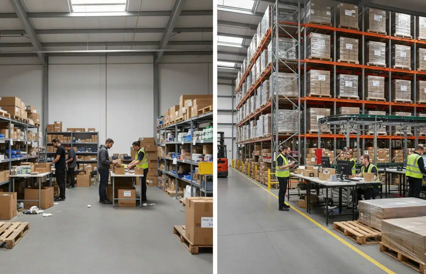 Side-by-side comparison of small in-house warehouse fulfillment and large-scale 3PL logistics operation.