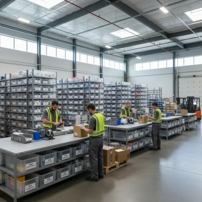 Small-business fulfillment center in Canada with organized SKU storage and staff packing ecommerce orders for shipment.