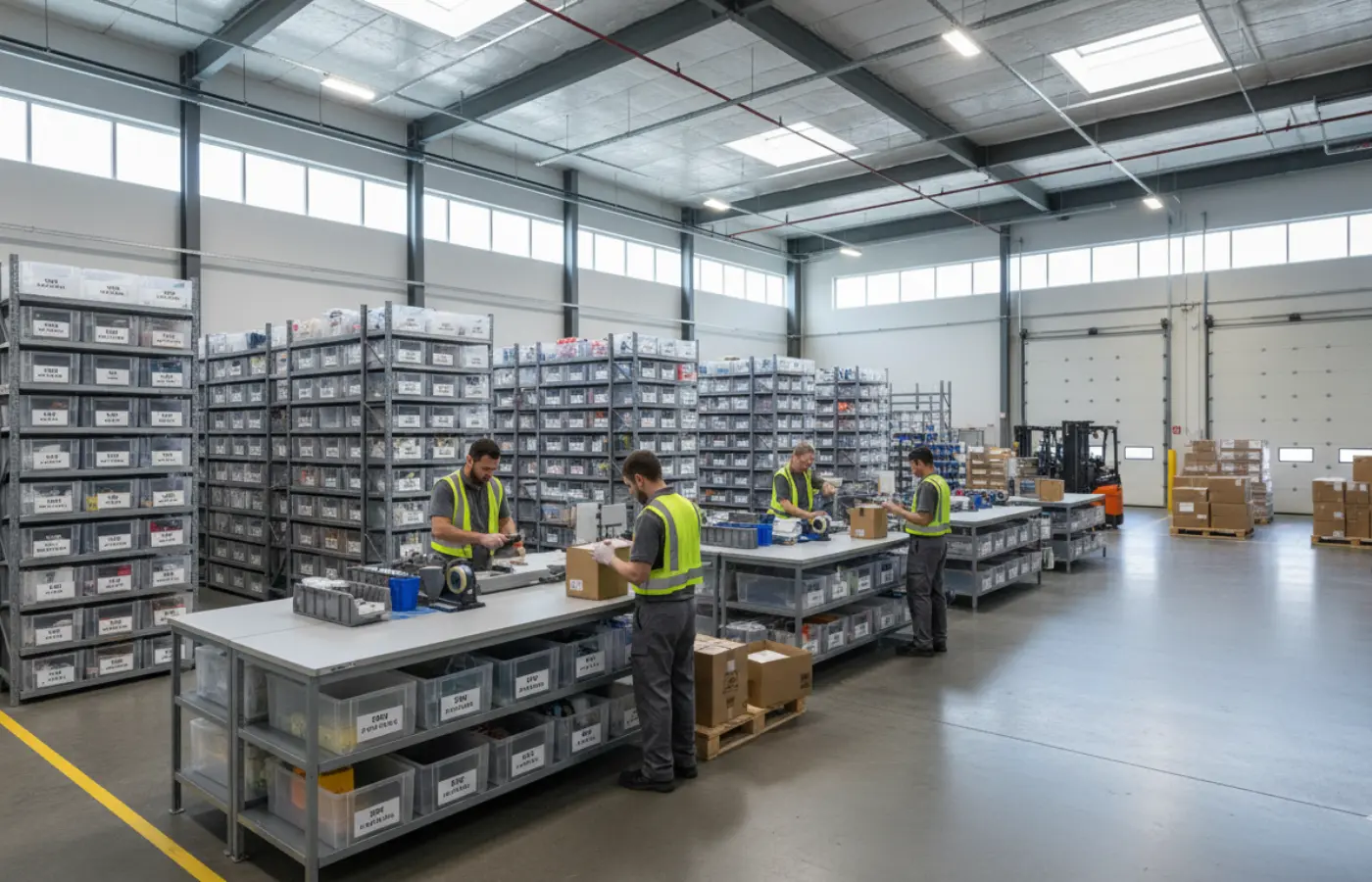 Small-business fulfillment center in Canada with organized SKU storage and staff packing ecommerce orders for shipment.