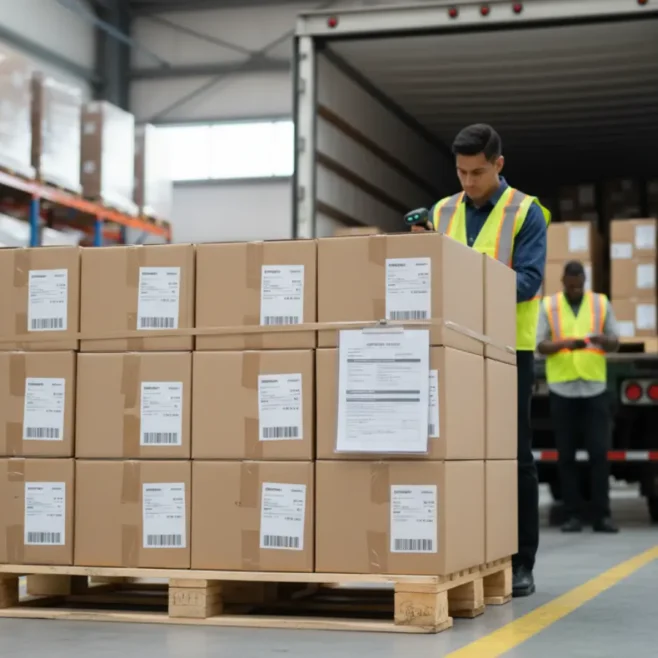 Canadian warehouse preparing ecommerce parcels with customs documentation for shipment to the United States.