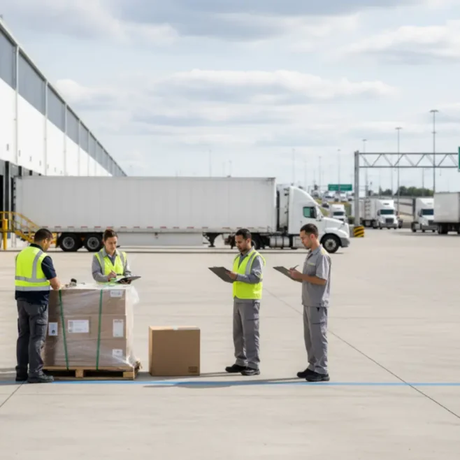 Outbound parcels and pallet shipments moving from a Canadian fulfillment warehouse toward the United States for cross-border delivery.