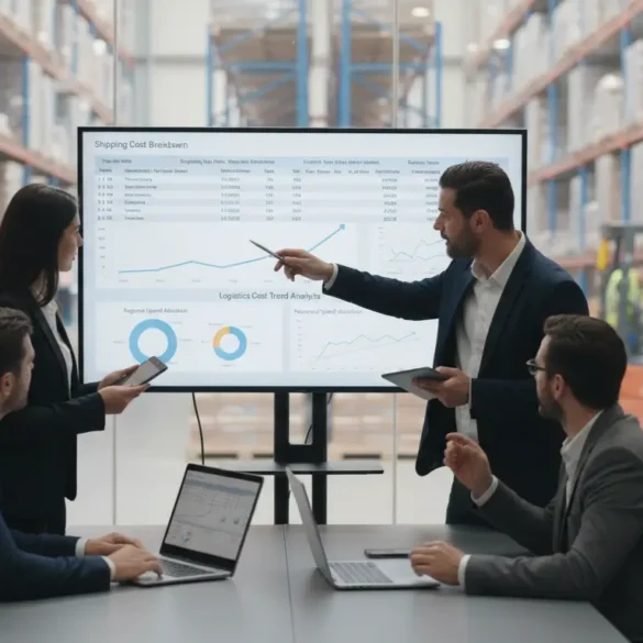 Finance team reviewing 3PL cost breakdown, shipping expenses, and fulfillment pricing data in a Canadian logistics operation.