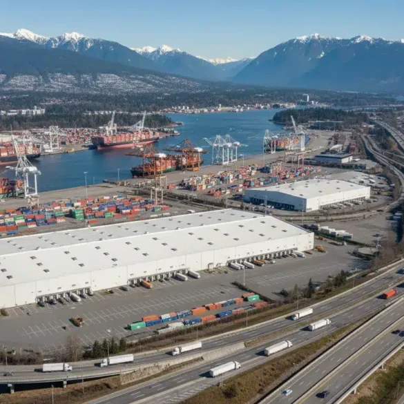Aerial view of Vancouver warehouse near port with trucks moving toward the US border for cross-border fulfillment.