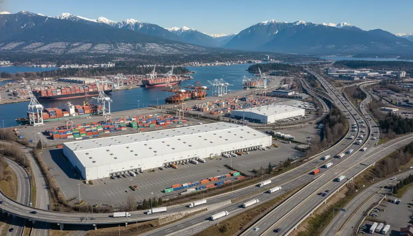 Aerial view of Vancouver warehouse near port with trucks moving toward the US border for cross-border fulfillment.