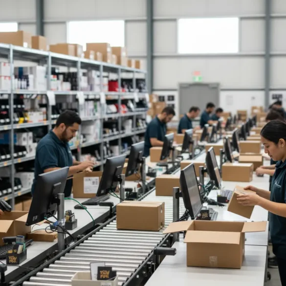 Warehouse staff picking, packing, and shipping direct-to-consumer ecommerce orders in a Canadian fulfillment center.