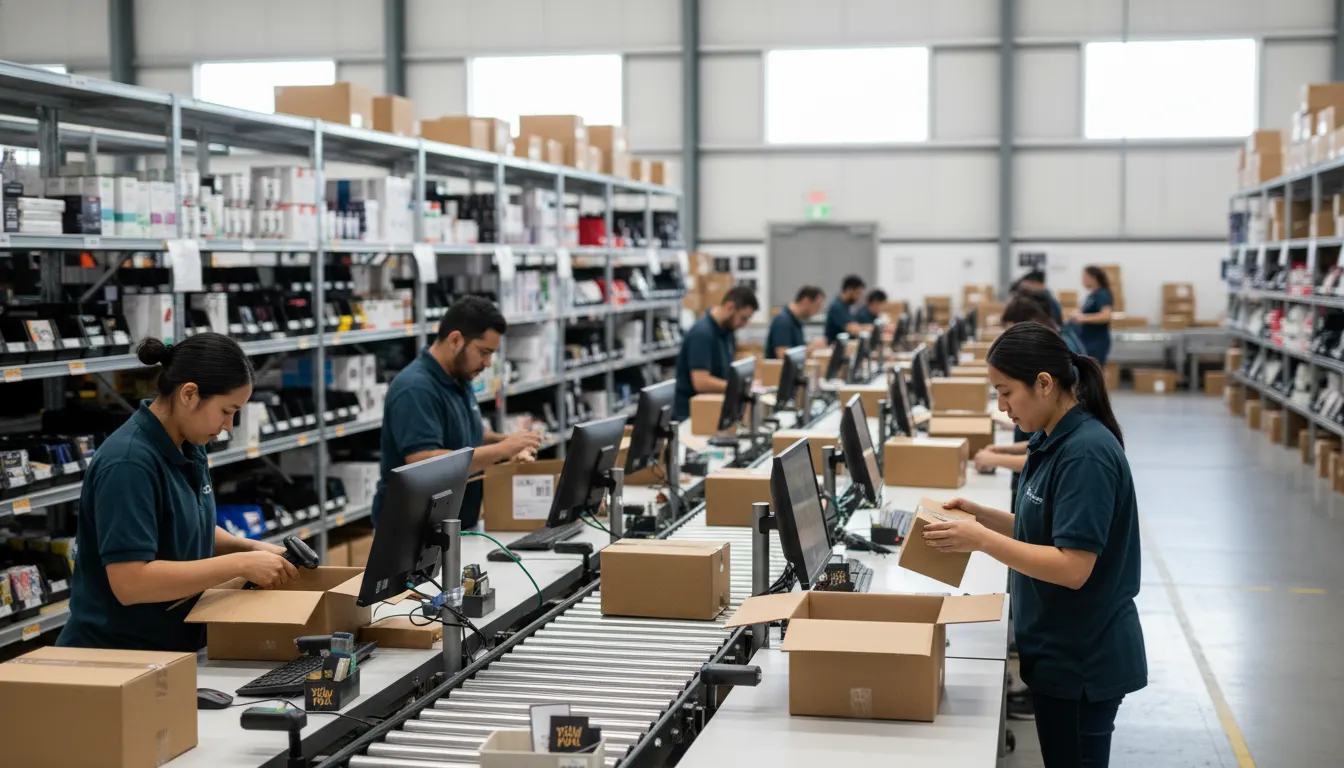 Warehouse staff picking, packing, and shipping direct-to-consumer ecommerce orders in a Canadian fulfillment center.
