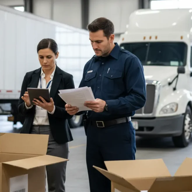 Customs inspection of Canadian goods entering the US with logistics manager reviewing shipping and tariff documents.