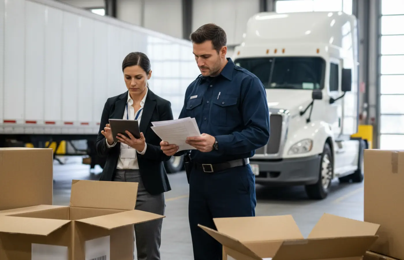 Customs inspection of Canadian goods entering the US with logistics manager reviewing shipping and tariff documents.