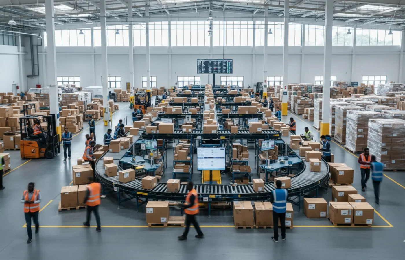 Warehouse team handling high order volume during peak season with packed conveyors and active picking stations.