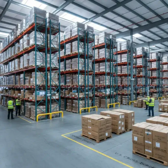 Modern 3PL warehouse in Metro Vancouver handling inbound container freight and outbound ecommerce and wholesale shipments.