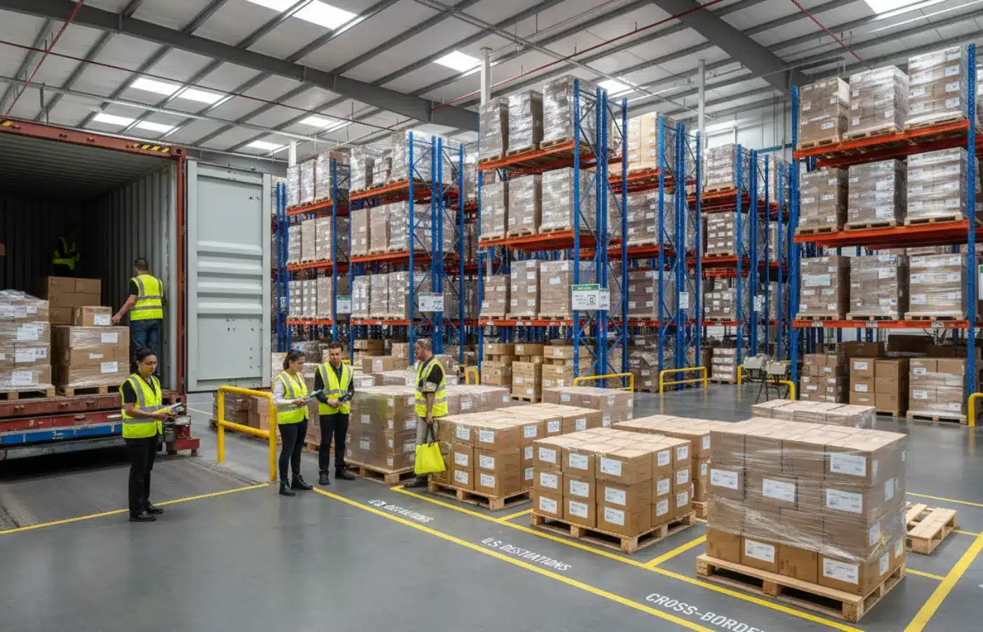 Vancouver 3PL warehouse unloading ocean container freight and preparing cross-border shipments to the United States.