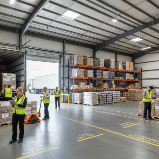 Warehouse team in Delta BC reviewing inbound container documentation while unloading freight and preparing ecommerce shipments.
