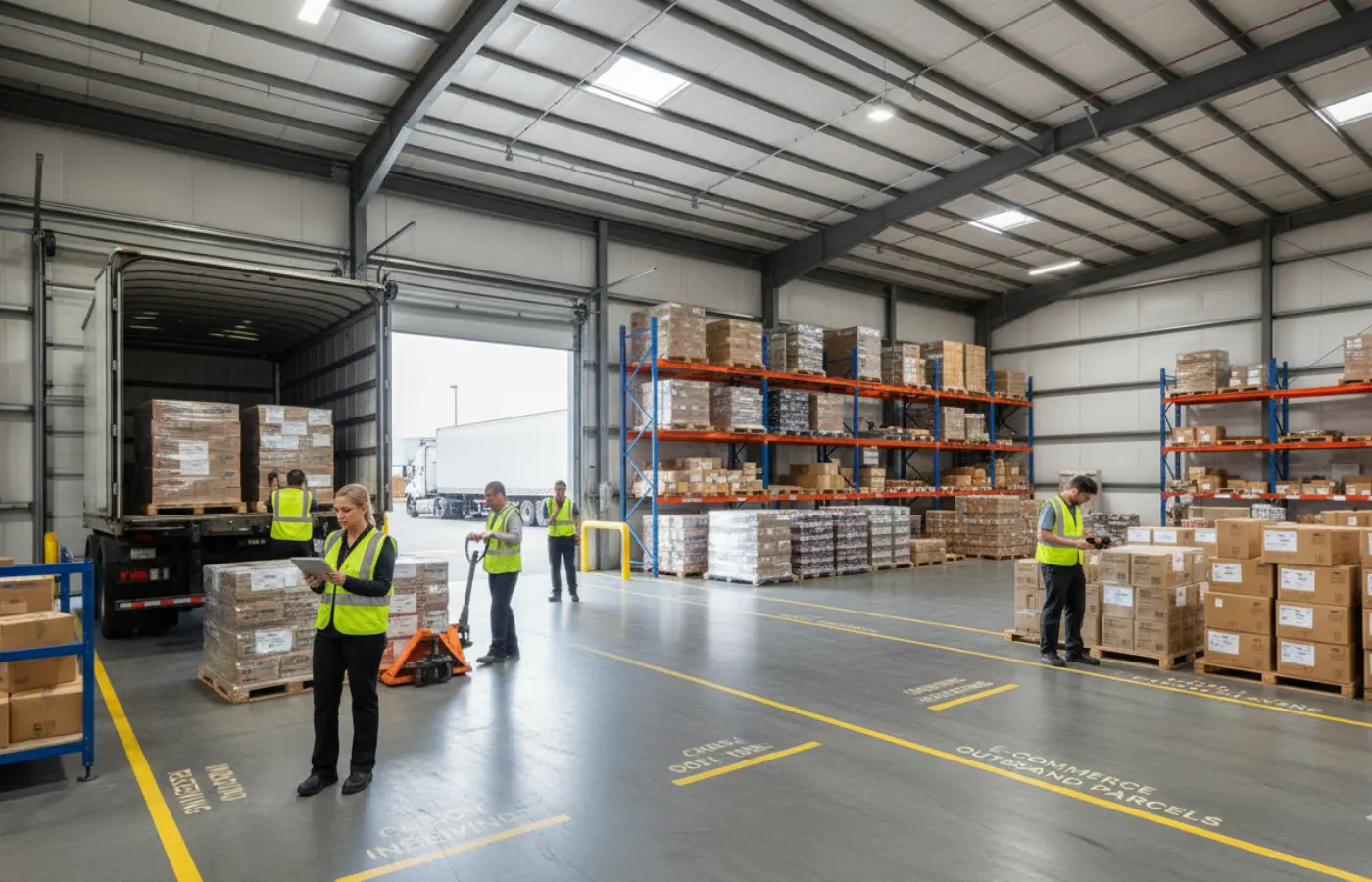 Warehouse team in Delta BC reviewing inbound container documentation while unloading freight and preparing ecommerce shipments.