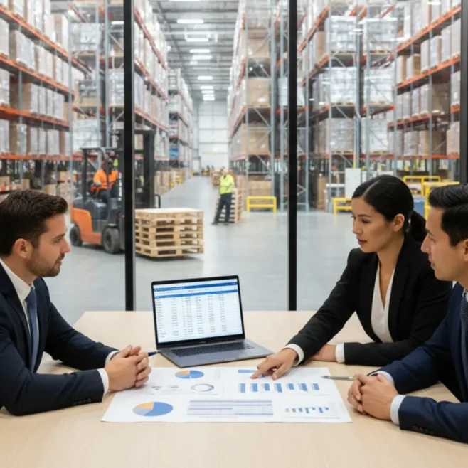 Operations and finance leaders reviewing a 3PL comparison scorecard in a Canadian logistics office overlooking a warehouse.