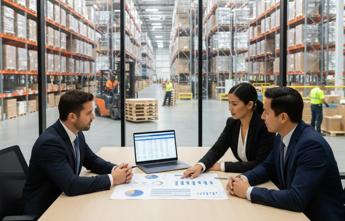 Operations and finance leaders reviewing a 3PL comparison scorecard in a Canadian logistics office overlooking a warehouse.