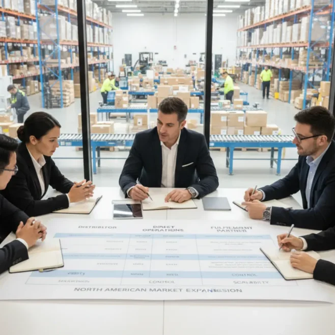 Brand executives comparing distributor, direct operations, and fulfillment partner models for North American expansion.