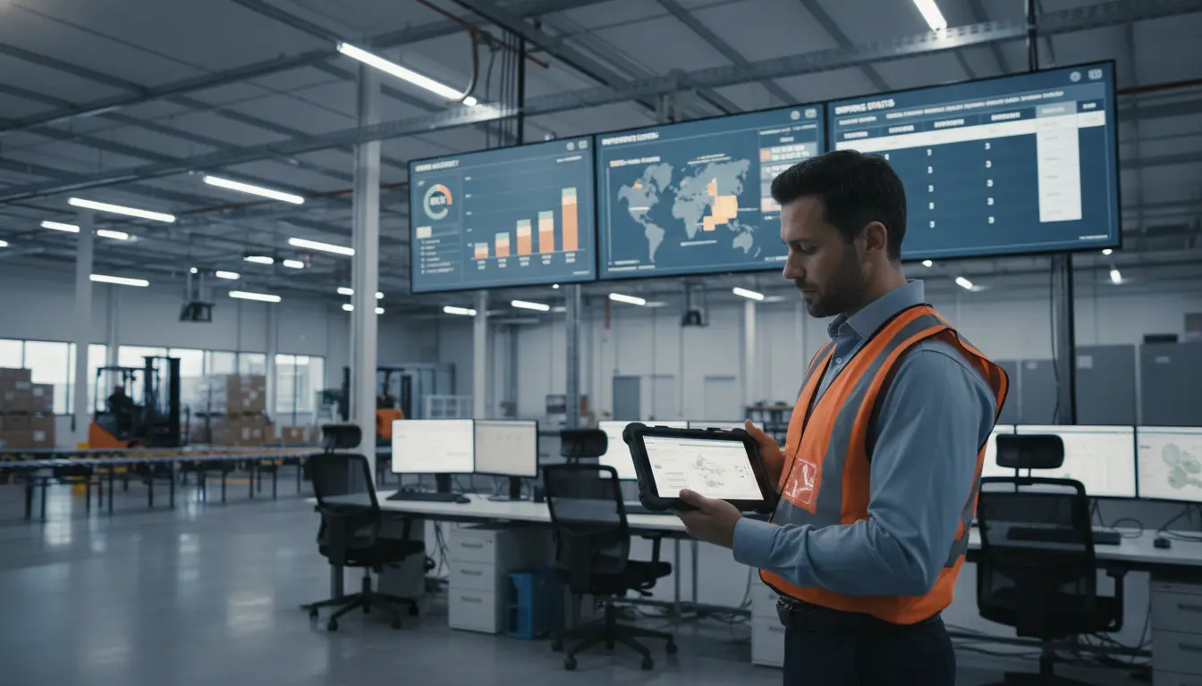 Warehouse manager reviewing KPI dashboard with real-time fulfillment metrics and inventory data.