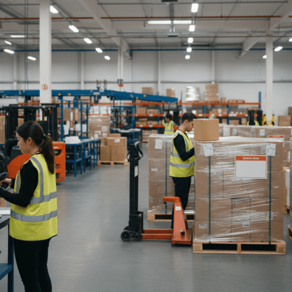 Warehouse team preparing retail shipment with barcode scanning, pallet labels, and EDI compliance process.