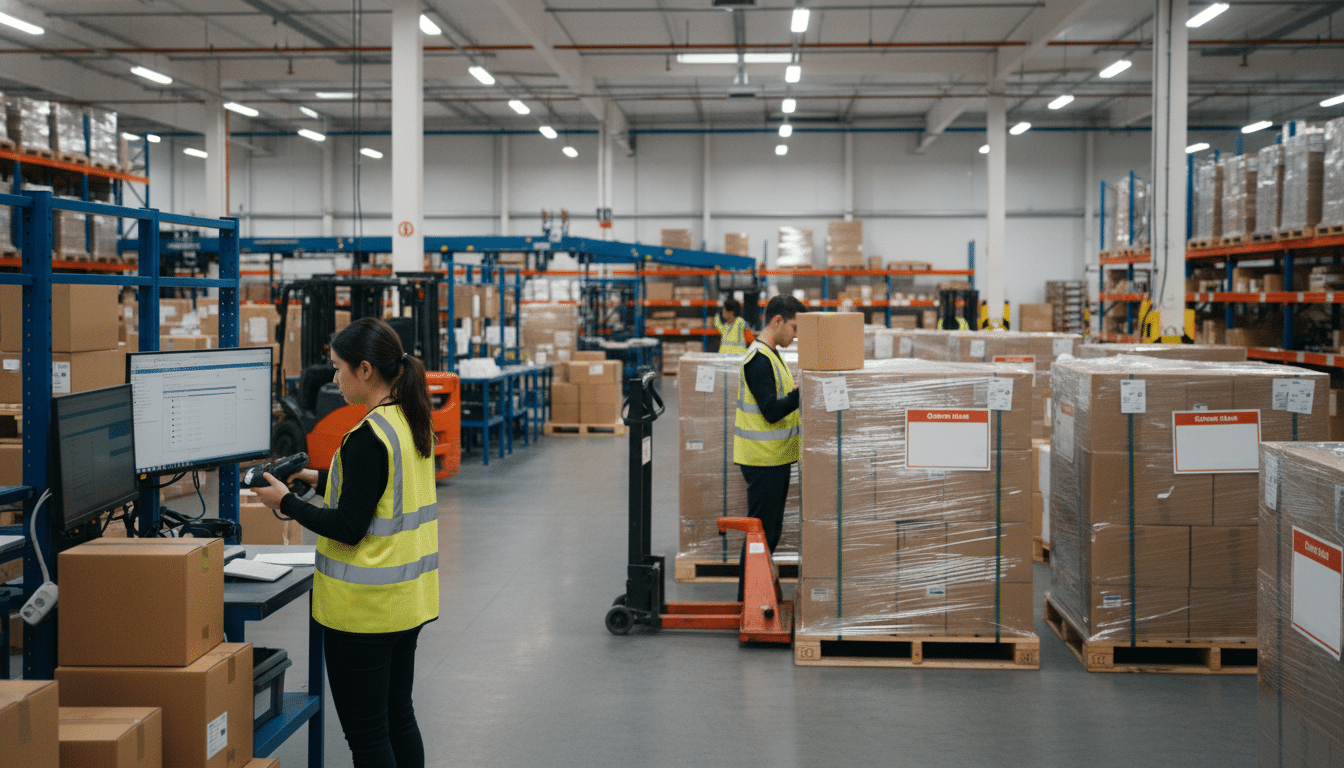 Warehouse team preparing retail shipment with barcode scanning, pallet labels, and EDI compliance process.
