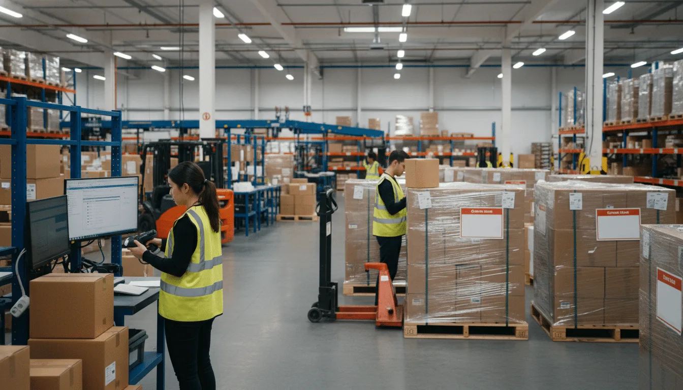 Warehouse team preparing retail shipment with barcode scanning, pallet labels, and EDI compliance process.