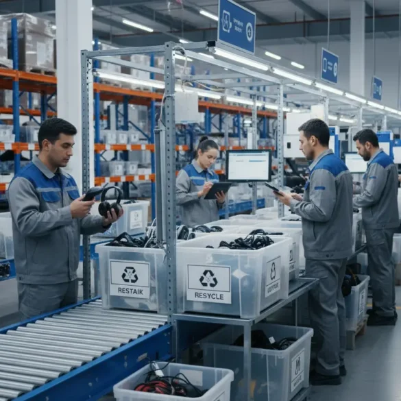 Warehouse team inspecting and sorting returned ecommerce products in a reverse logistics operation.
